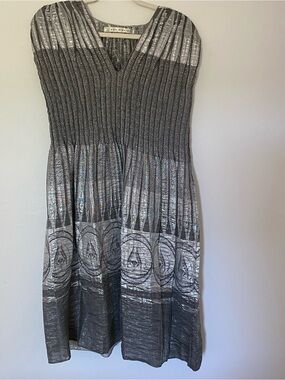 Max Studio Metallic Silver & Gray Pleated Knit Midi Dress